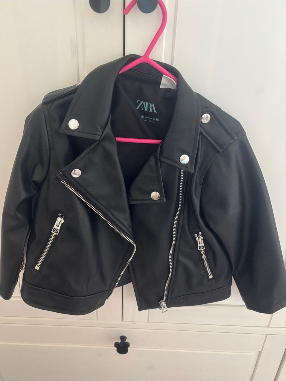 ZARA Kids Black Faux Leather Biker Jacket with Silver Hardware